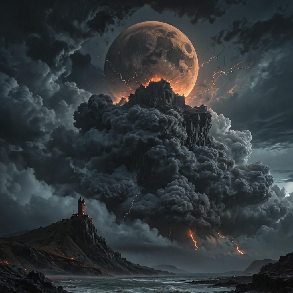 Dramatic Dark Fantasy Landscape with Black Moon