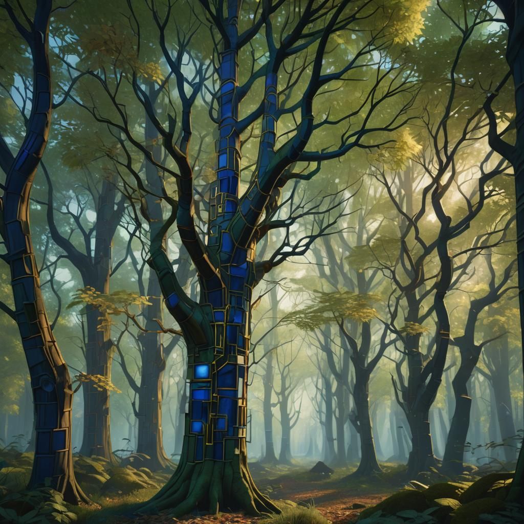 Mystical Forest with Mondrian-Inspired Grid