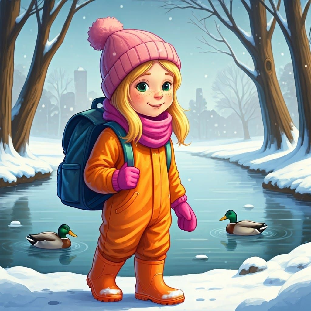 Chloe Feeds Ducks at Frozen Pond