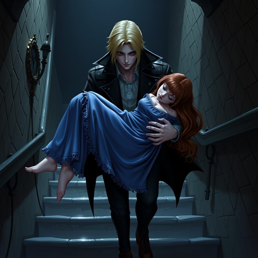 Elegant Vampire Carries Sleeping Beauty through Haunted Mano...