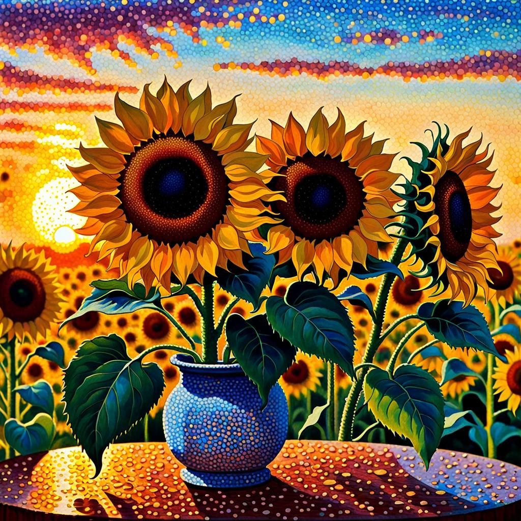 Pointillism style Sunflowers in a Vase