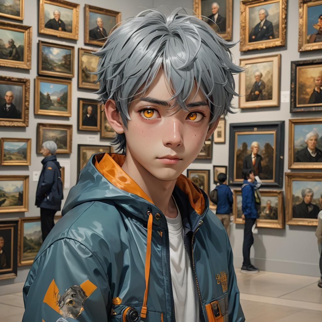 Anime Boy Observes Art in Museum, 3D Render