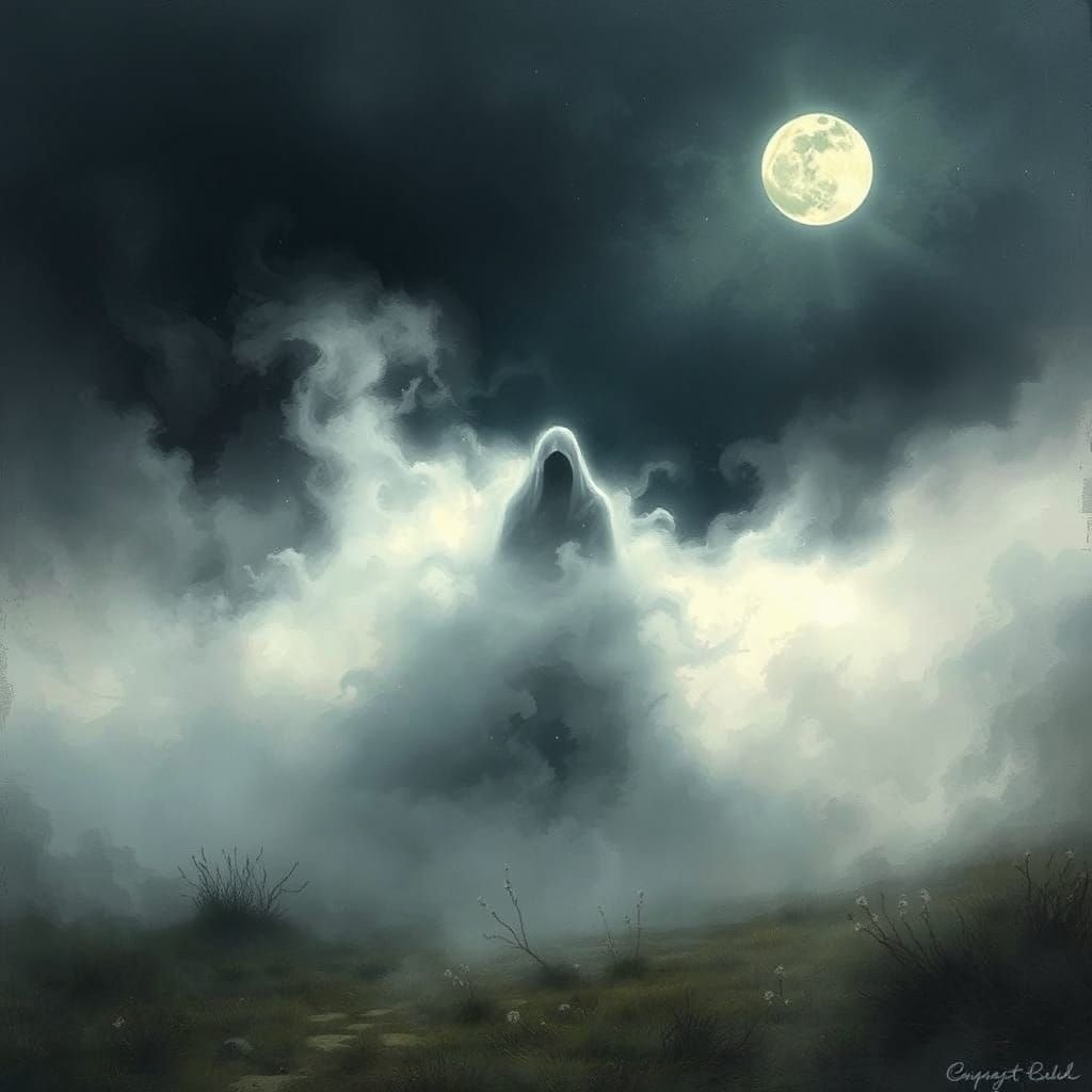 Ghostly Figure in Misty Moorland