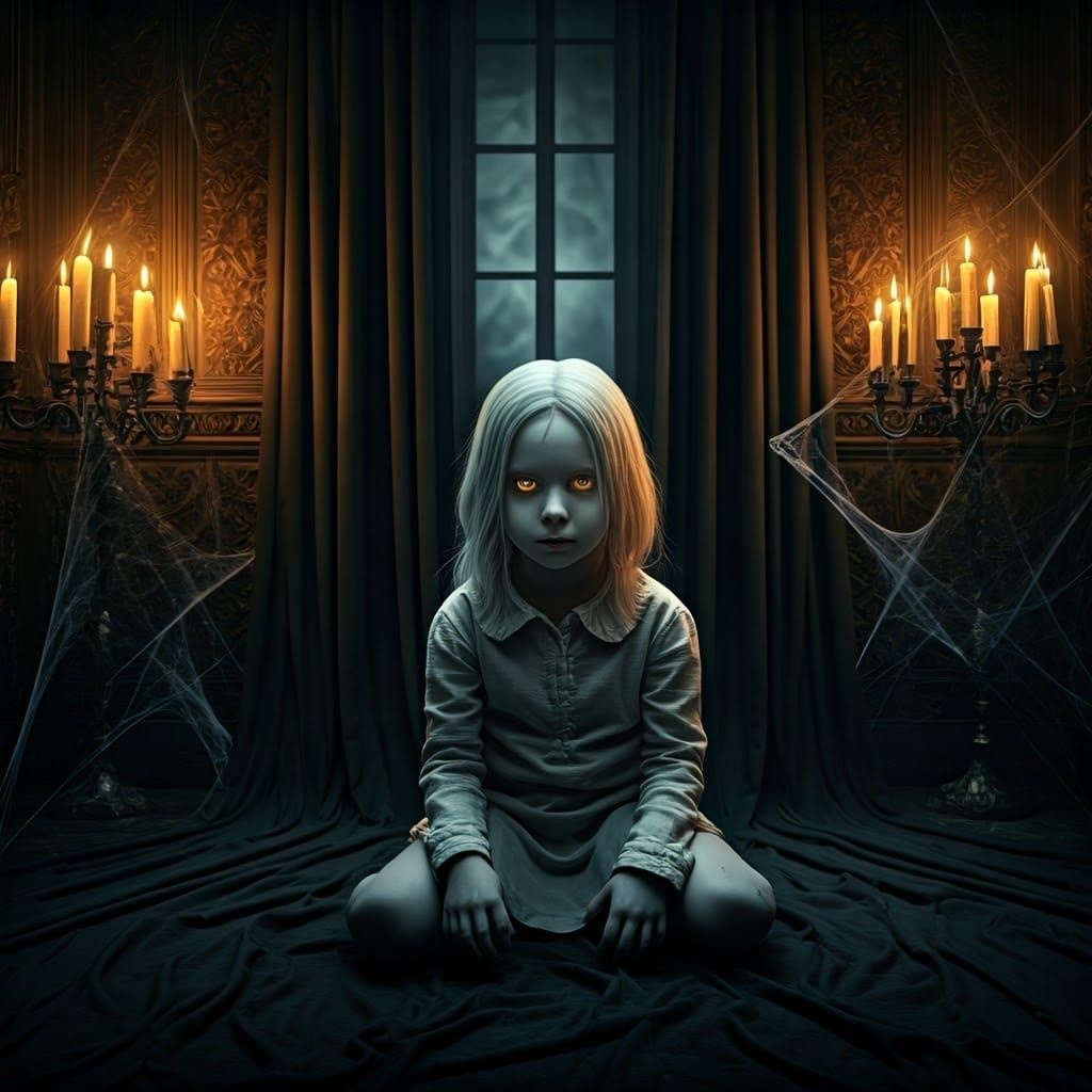 Eerie Gothic Portrait of Child with Golden Eyes