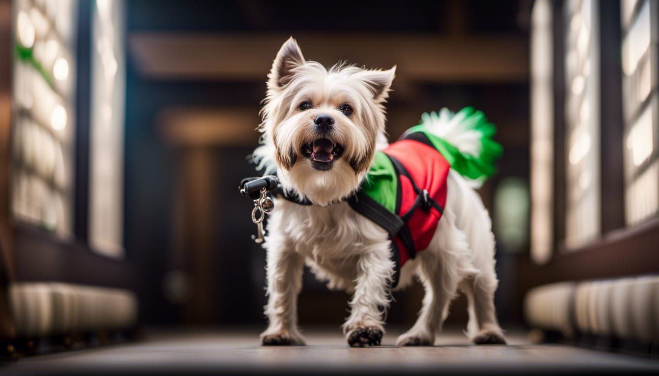 Dog posing as Ninja with nanchucks. Professional photography, bokeh, natural lighting, canon lens, shot on dslr 64 megap...