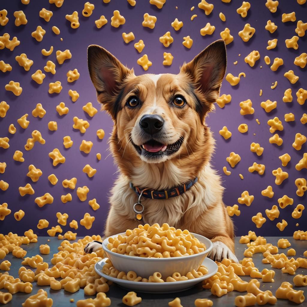 Dog Eats Mac and Cheese: Hyperrealistic Concept Art