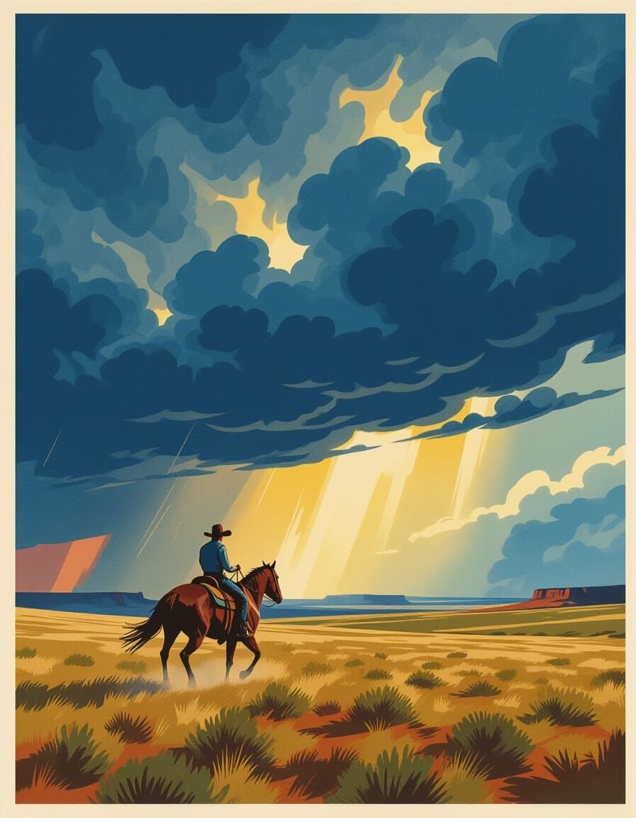 Lone Cowboy Gallops Through Prairie Under Stormy Sky