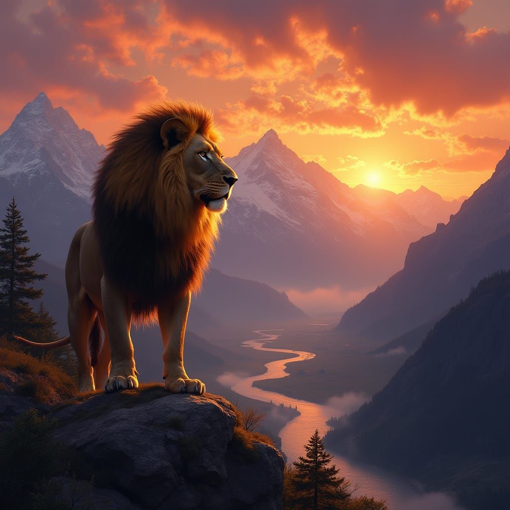 Majestic Lion Sunset Over Mountain Range