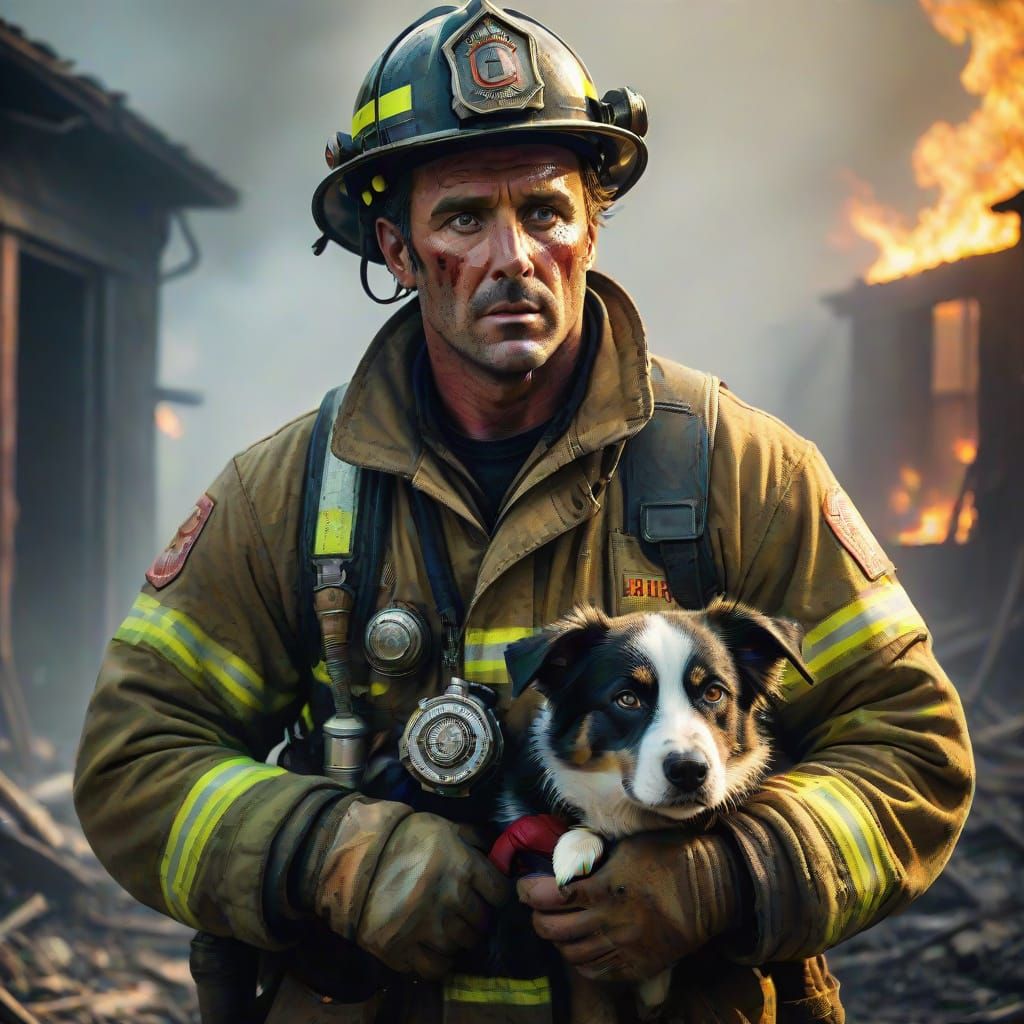 Rugged Firefighter with Piercing Green Eyes and Tiny Black a...