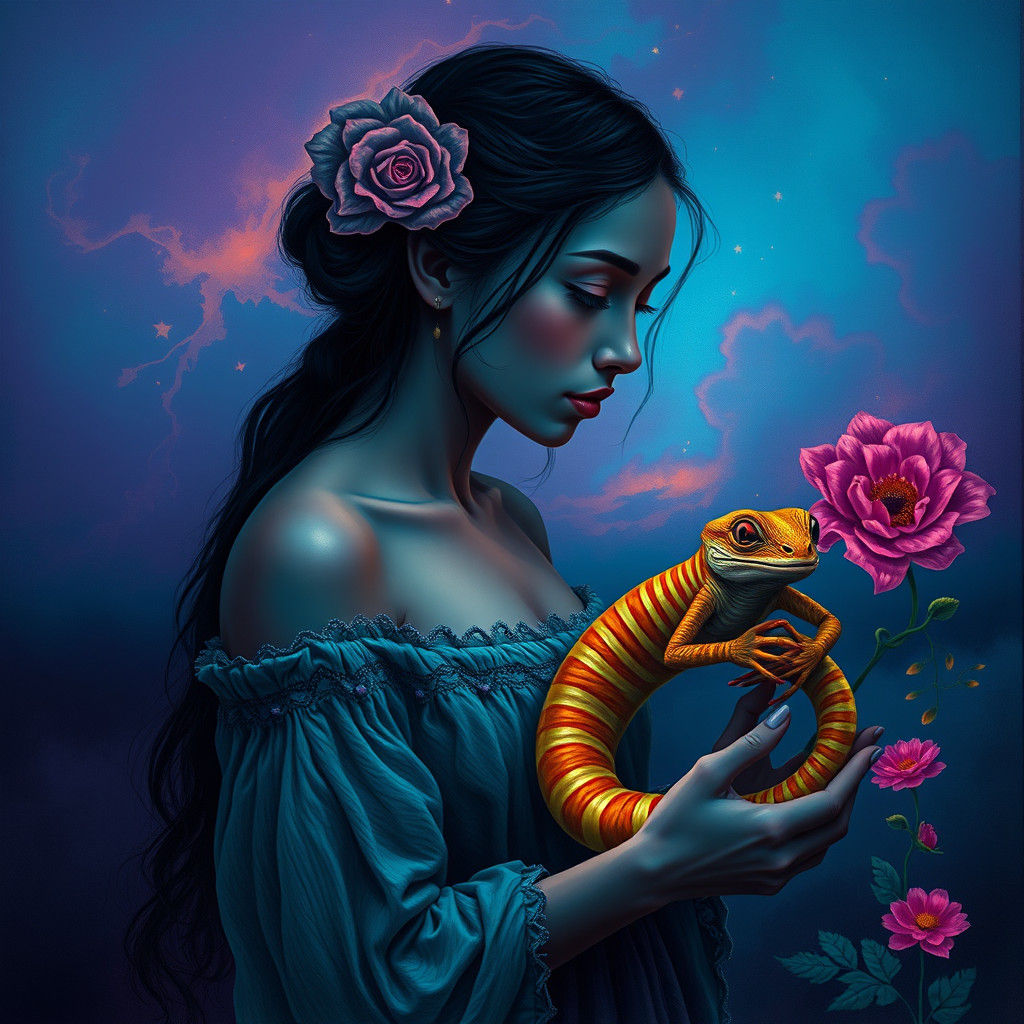 Woman with Reptilian Imp in Fantasy Art Style