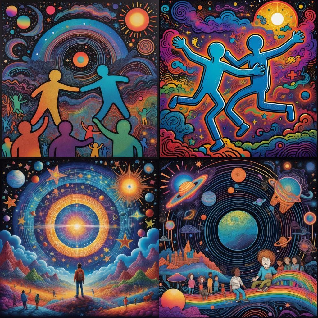 Vibrant Cosmic Friendship in Keith Haring Style
