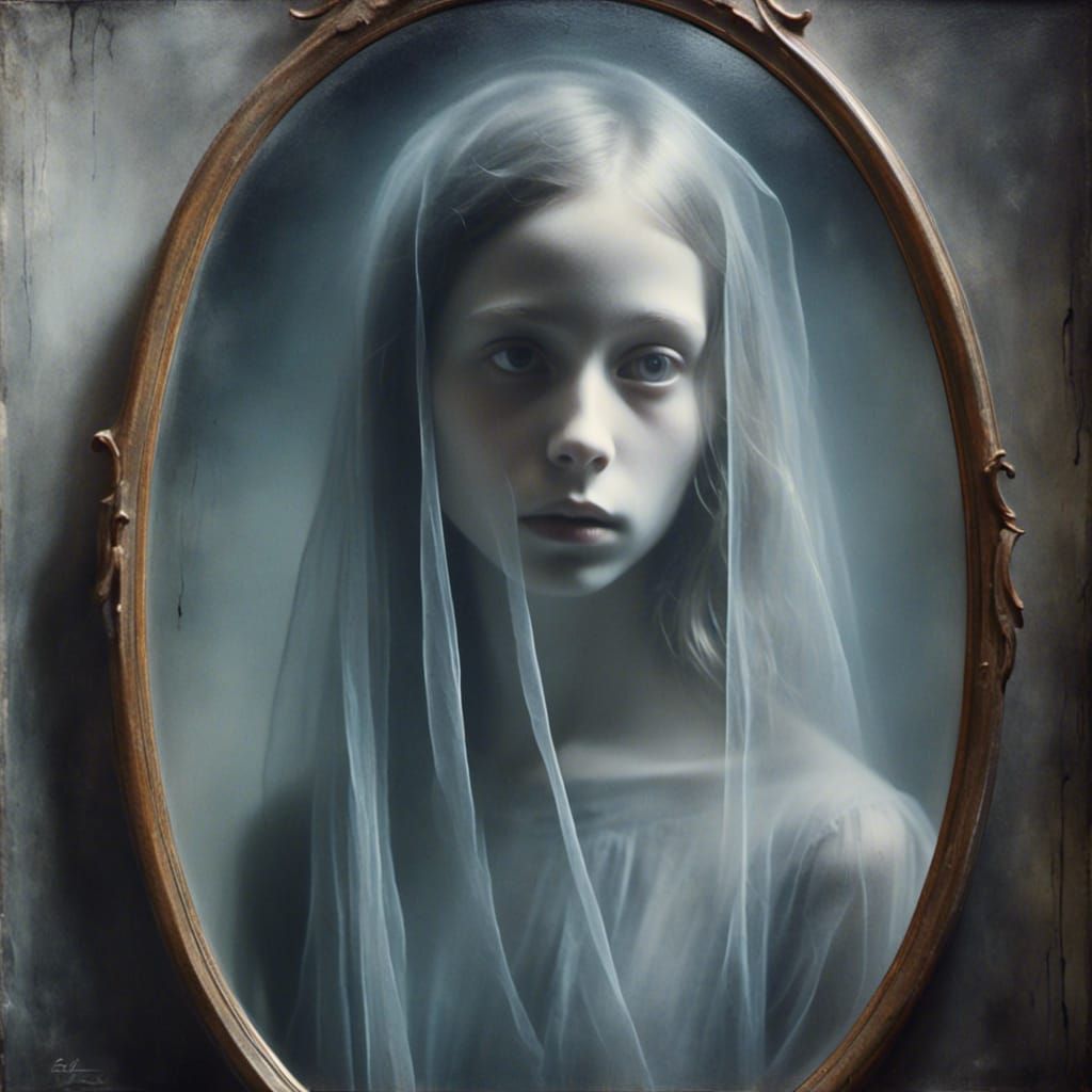 Eerie Ghost Portrait Reflected in Mirror, Oil Painting