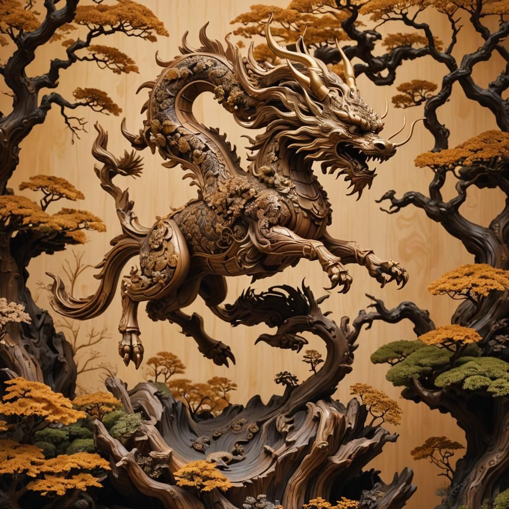 Ornate Japanese Wood Sculpture in Golden Light