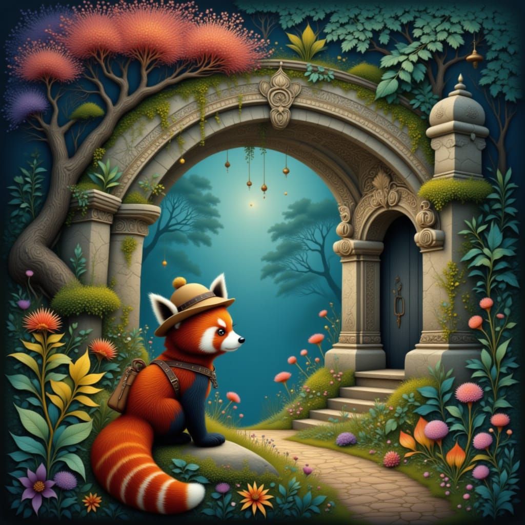 Red Panda Explorer in Dreamlike Forest