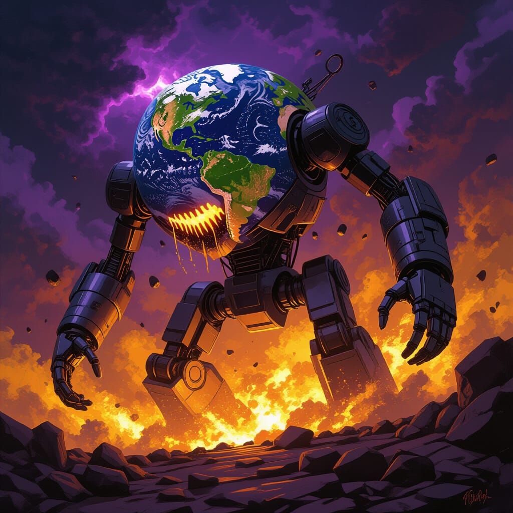 Robot Devouring Earth: Dramatic Dark Fantasy Concept Art