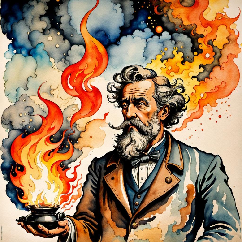 Angry God Sets Earth Ablaze: Steampunk Watercolor