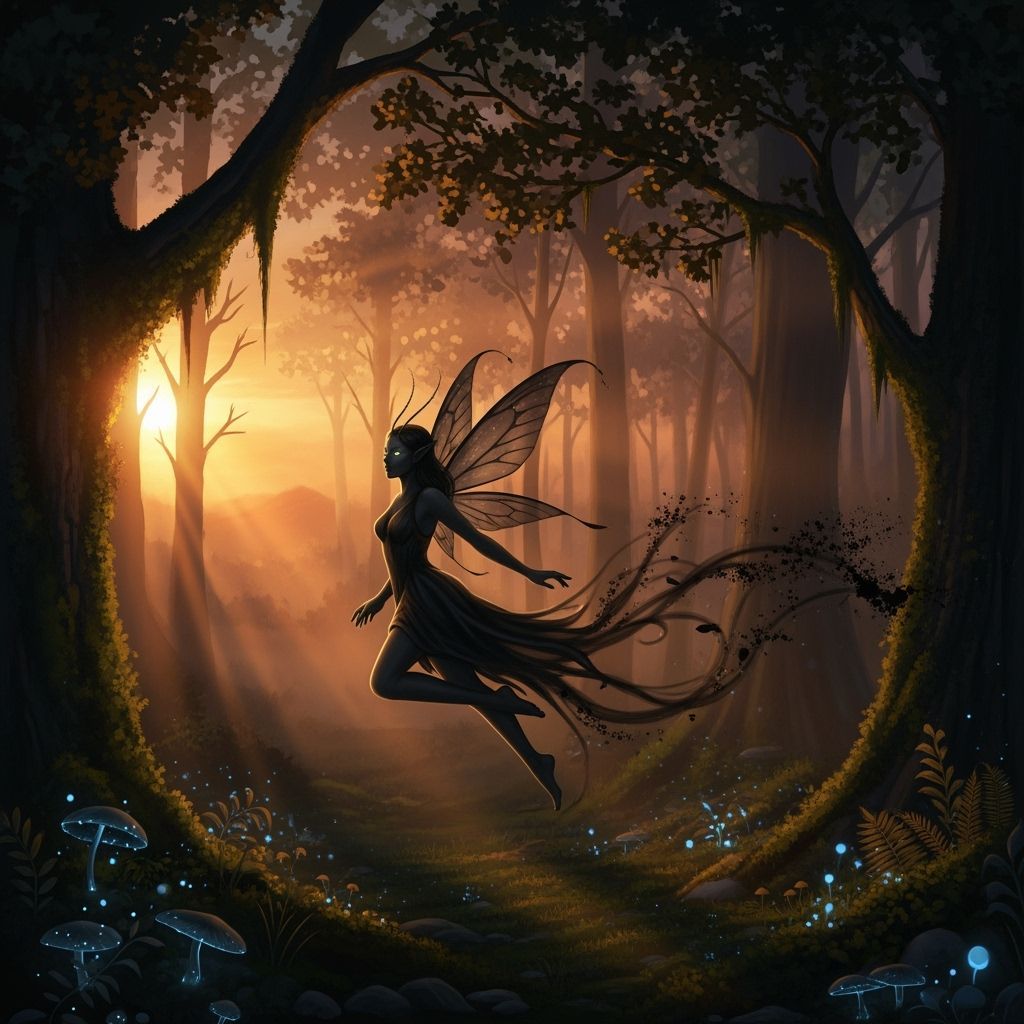 Ethereal Shadow Fairy Soaring Through Mystical Twilight Fore...