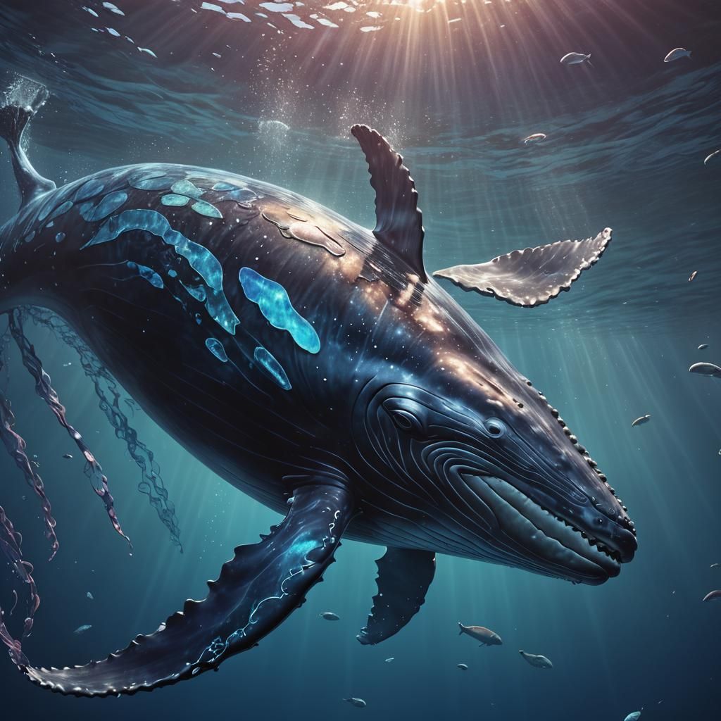 Muscular Whale in Dreamlike Bioluminescent Ocean