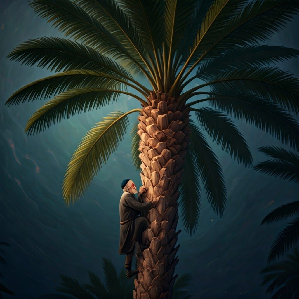 Elderly Man Climbs Palm Tree: Cinematic Film Still
