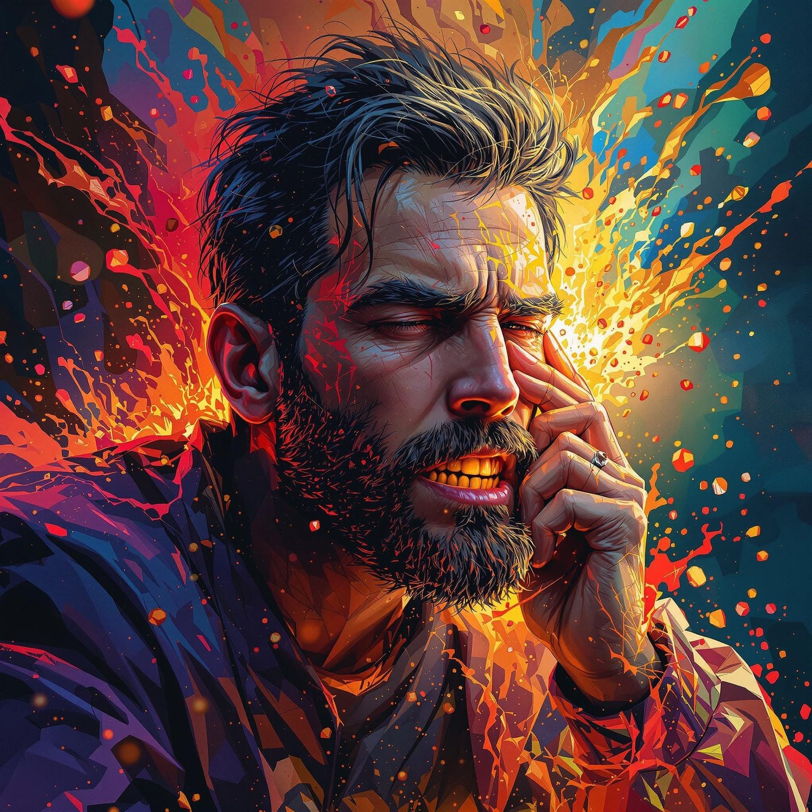 Hyperrealistic Depiction of Man Flu Sufferer in Splash Art S...