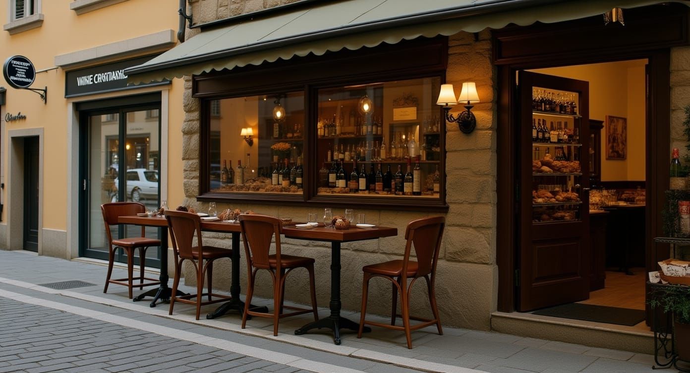 Italian Village Wine Shop with Nostalgic Film Grain
