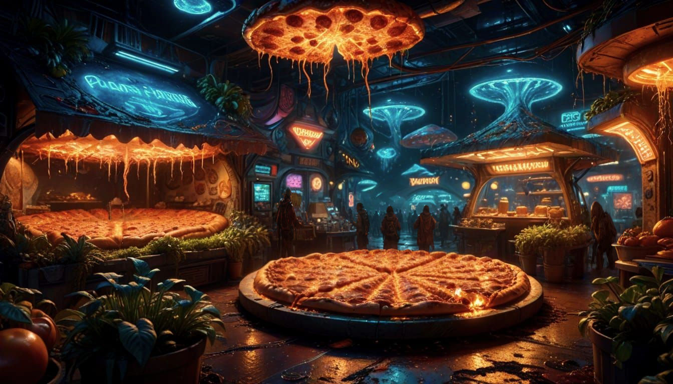 Alien Marketplace Pizza on Exotic Planet, Digital Painting