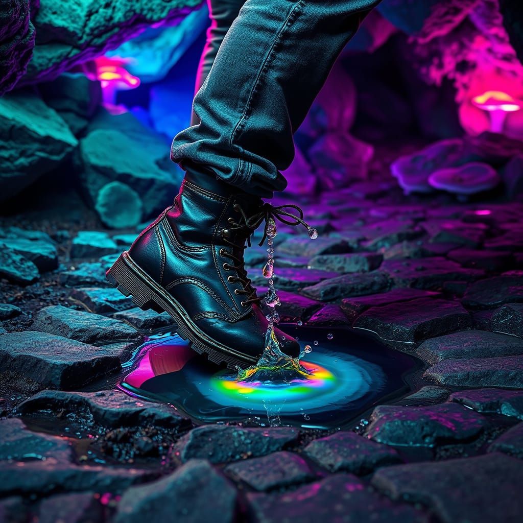 Hyperrealistic Cavern Scene with Iridescent Splash