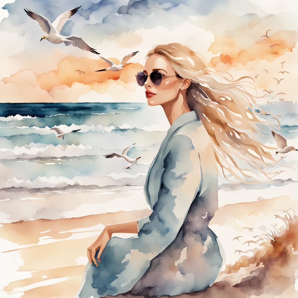 Blond Woman on Beach at Dusk: Watercolor Illustration