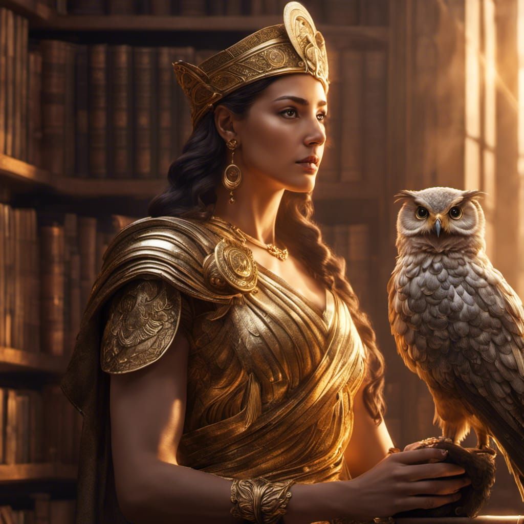 Athena Goddess of Wisdom in Golden Library with Little Owl