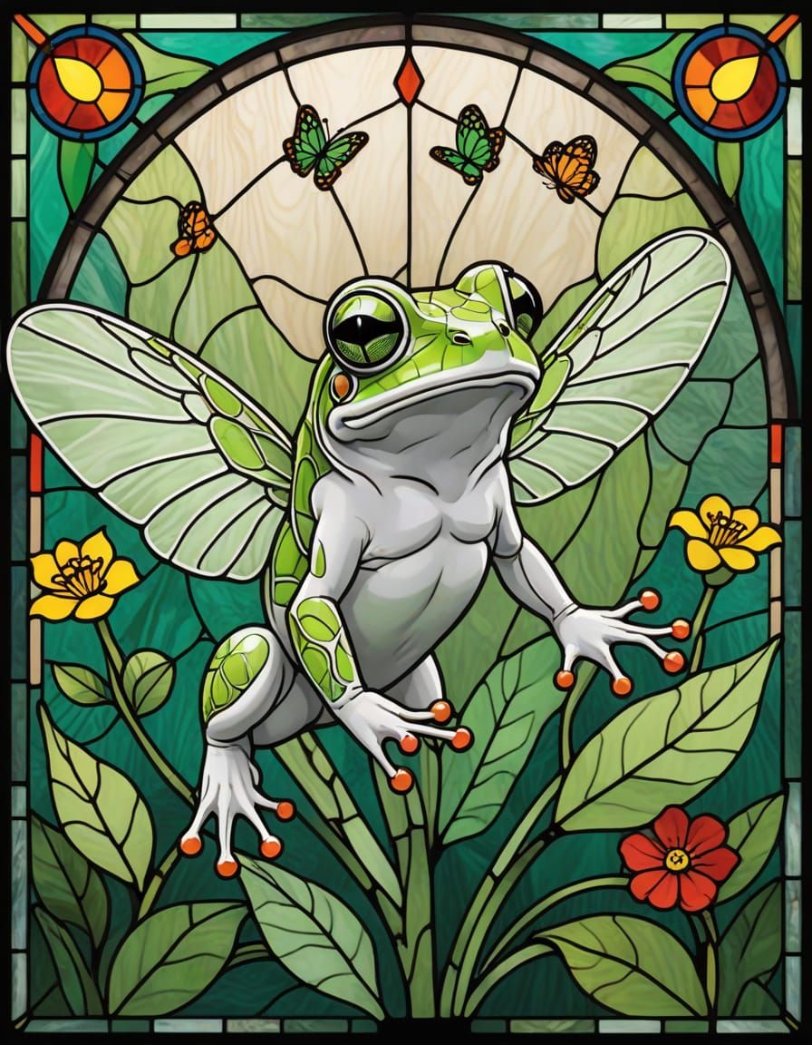 Frogs Soar on Vibrant Stained Glass Wings in Whimsical Art
