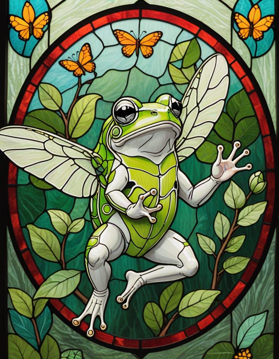 Frogs Soar on Vibrant Stained Glass Wings in Whimsical Art S...