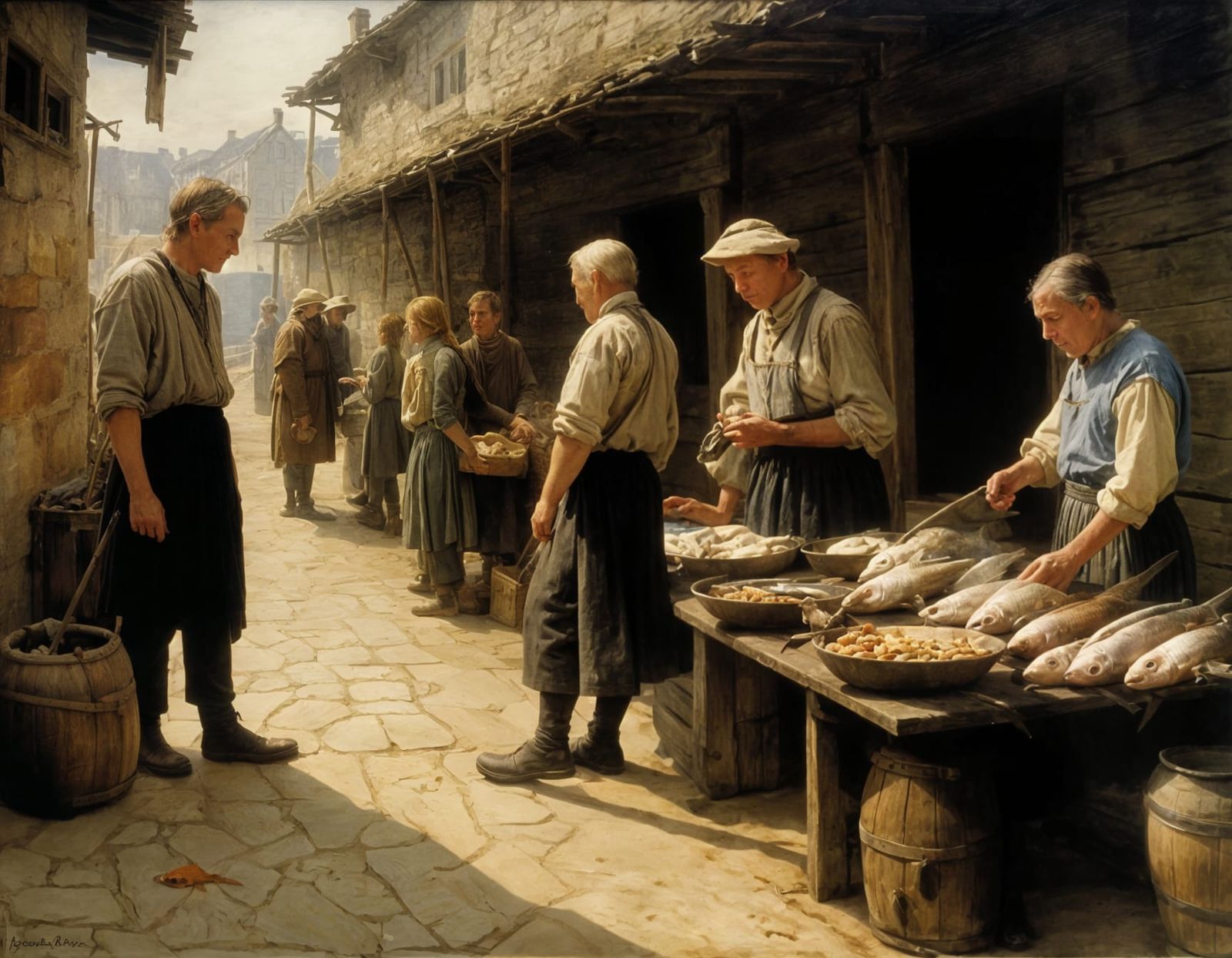 Medieval Fish Market in Wyeth-Inspired Art