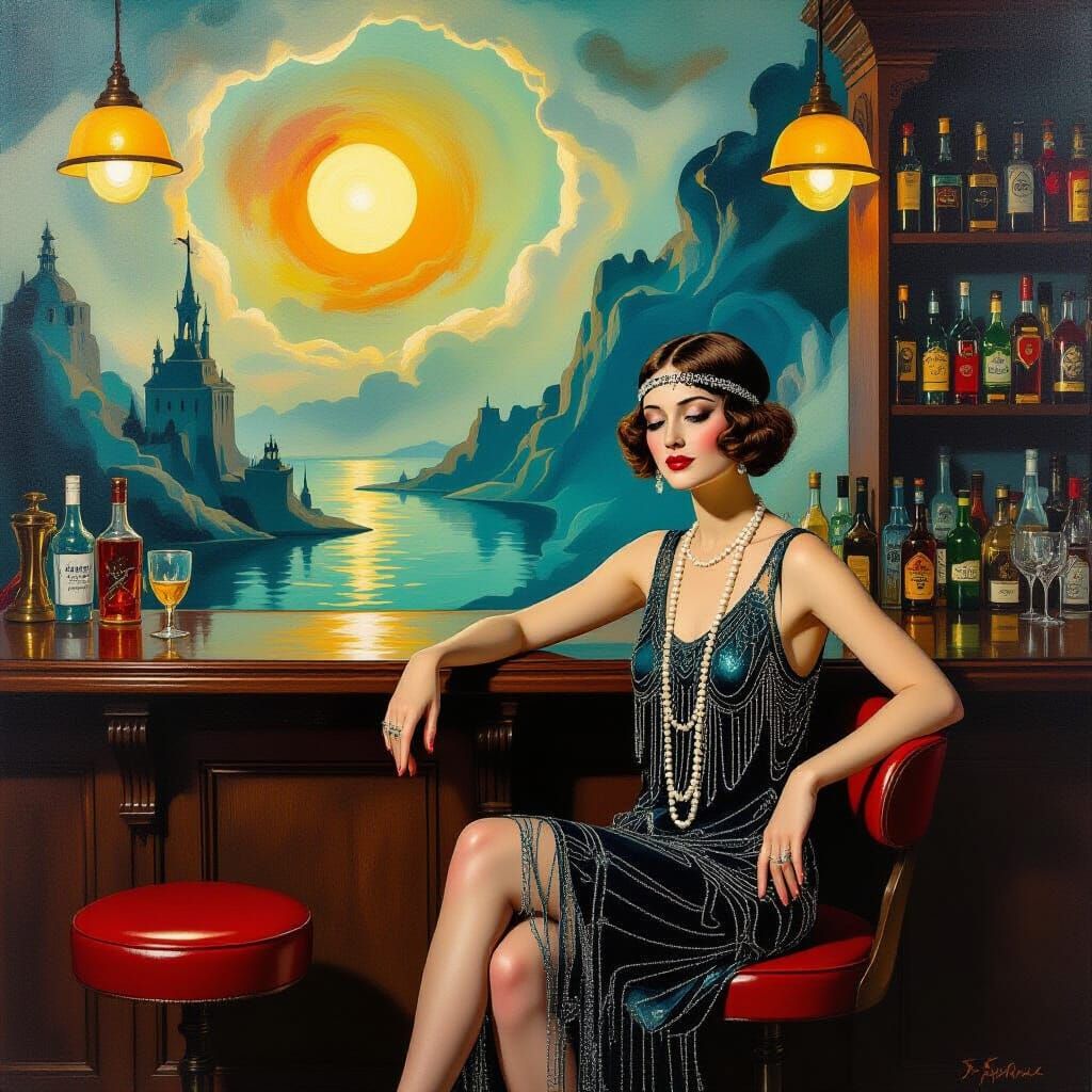 Flapper in Speakeasy: a Surrealist Oil Painting