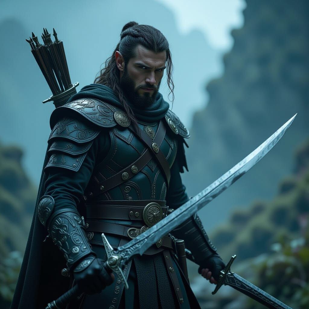 Fae Warrior in Mystical Landscape, Cinematic Film Still