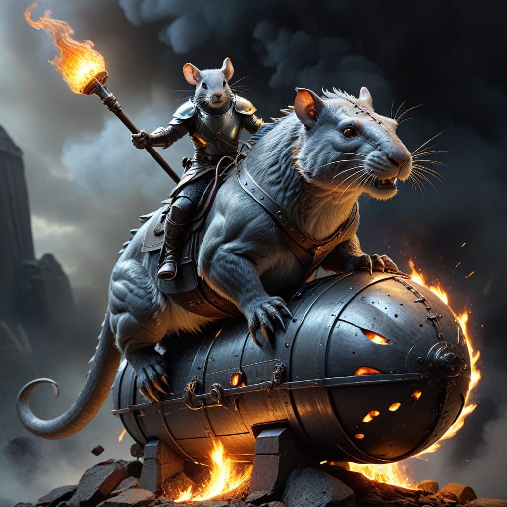 A valiant rodent, clad in gleaming steel, astride a fire-breathing behemoth - because why settle for a cheese wheel when...