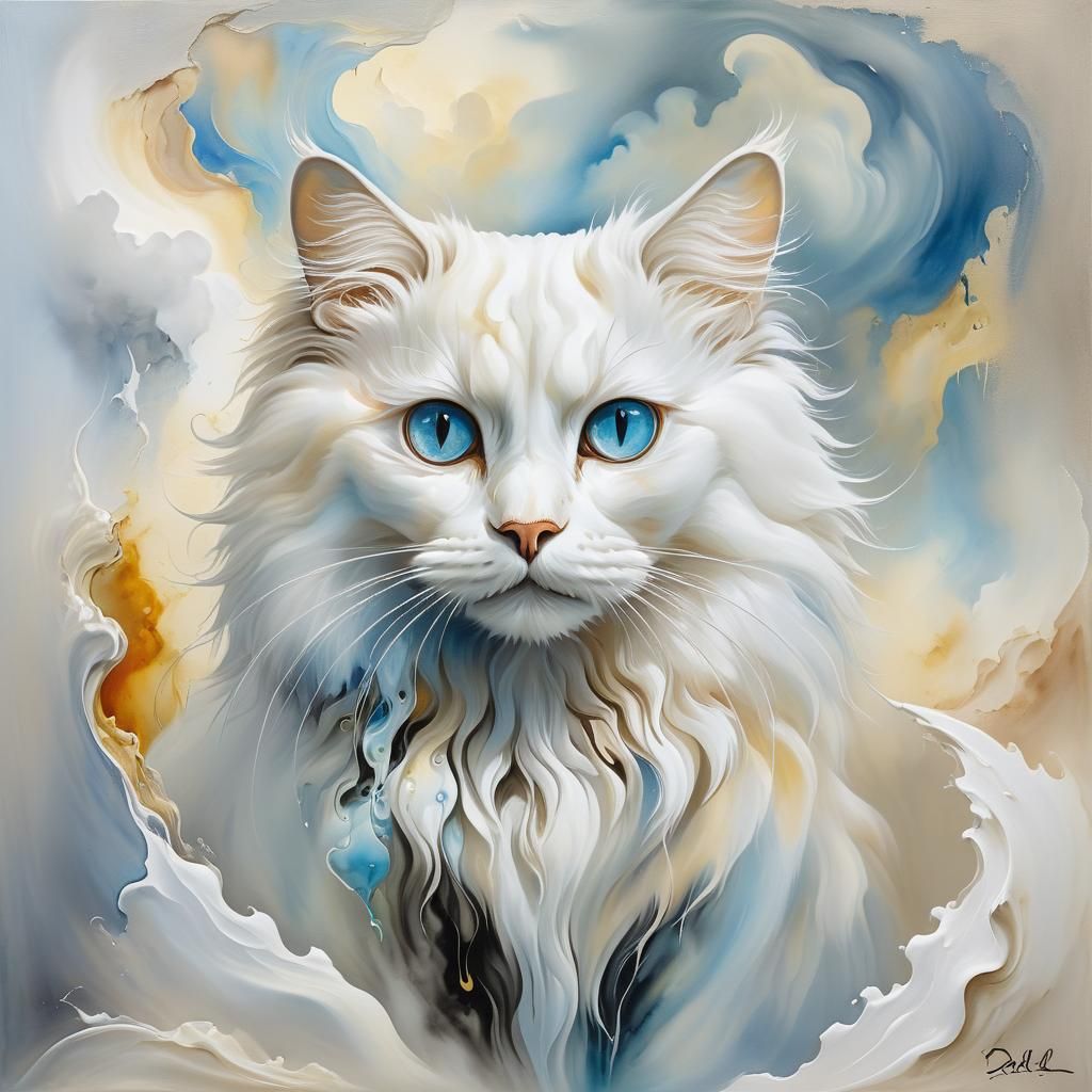 Fluffy White Cat with Prismatic Eyes as Impasto Painting