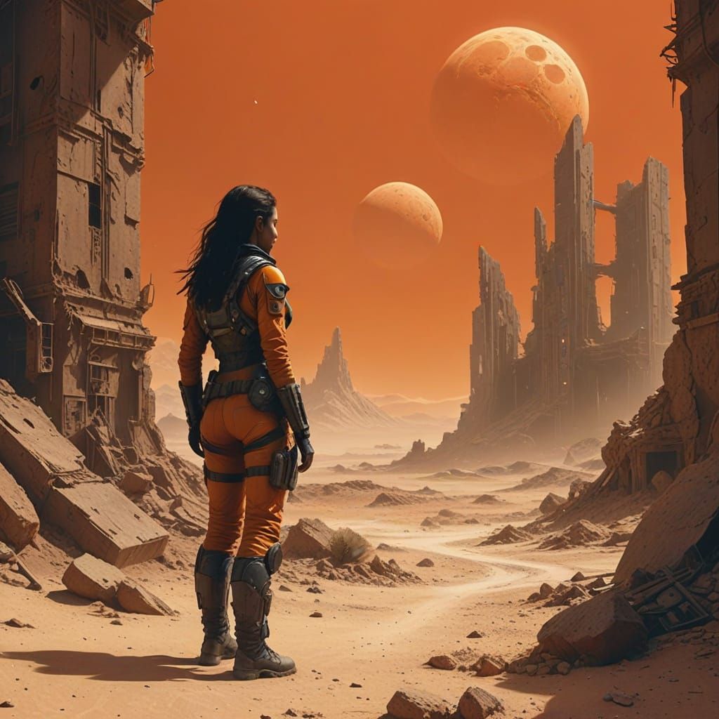 Cyberpunk Goddess in Abandoned Ruins of a Three-Mooned Plane...