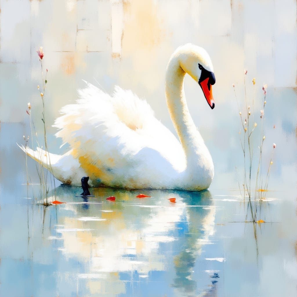 Serenely Beautiful White Swan in Soft Watercolor Background