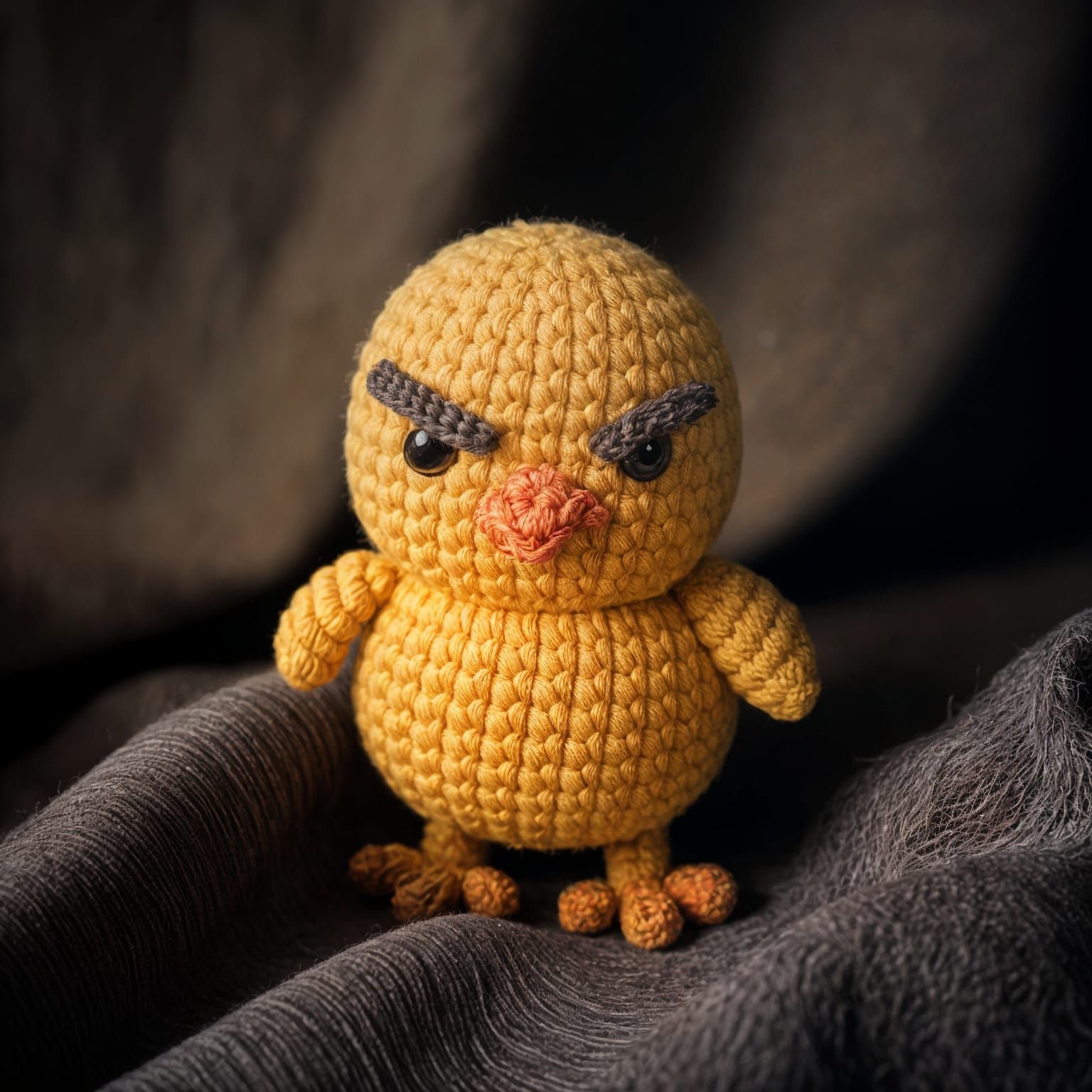 Grumpy Chick Amigurumi Portrait in Dramatic Lighting