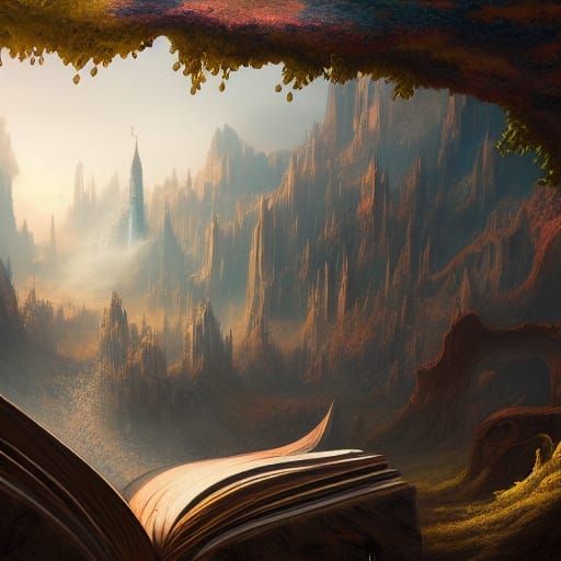 Detailed Books Matte Painting in Deep Color