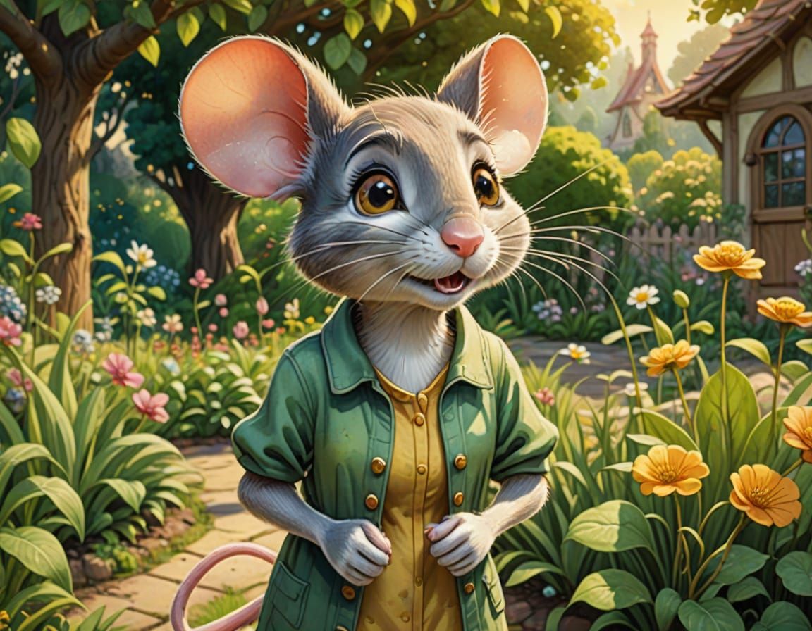 Whimsical Mouse in Garden: Don Bluth Cartoon Style
