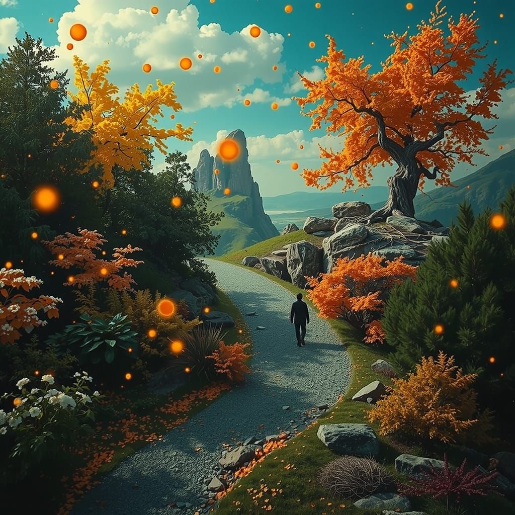 Shadowy Figure on Forest Path Towards Hopeful Light