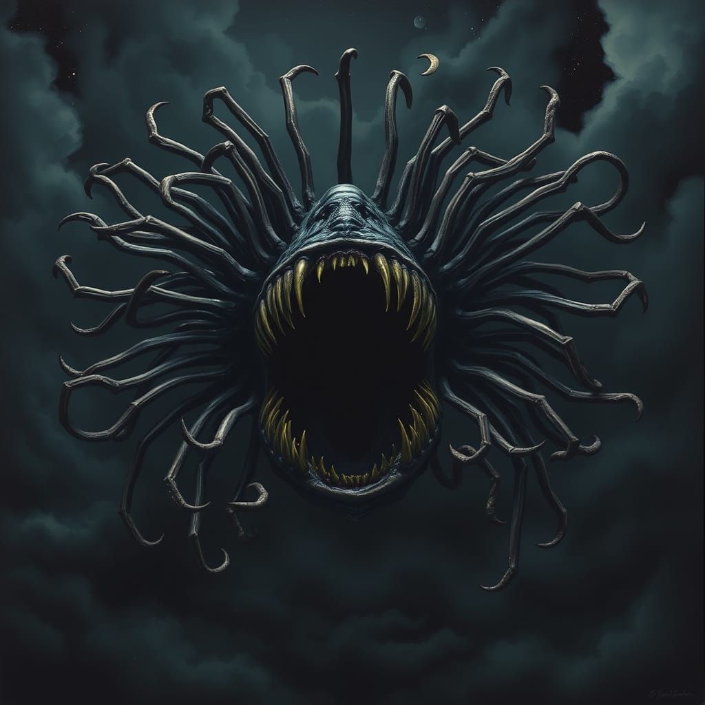 Twisted, Grotesque Horror with Elongated Arms and Maw
