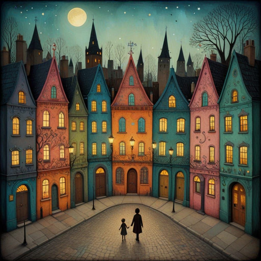 City Street in Art Brut Style with Pastel Colors