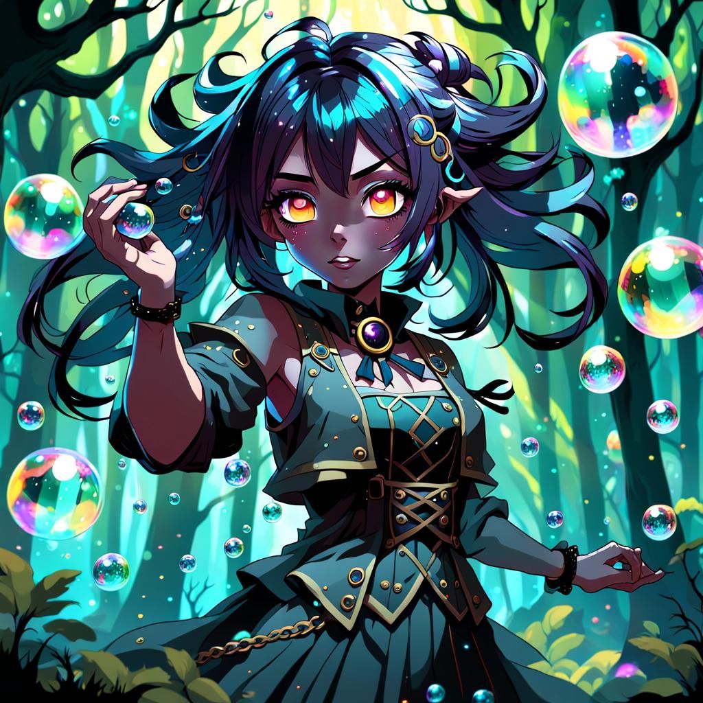 Anime Tsundere Surrounded by Iridescent Bubbles in Forest