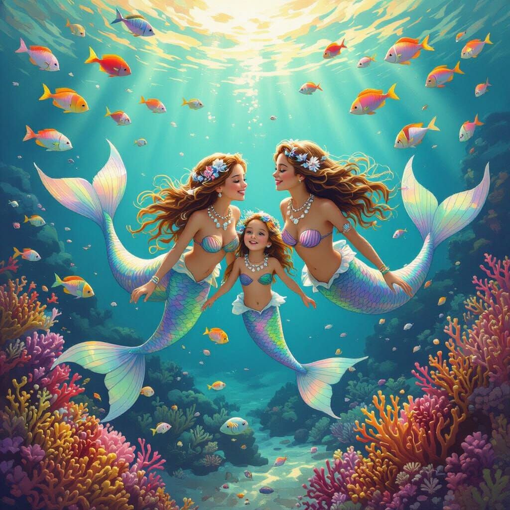 Mermaid Family in Coral Reef, Fantastical Realism