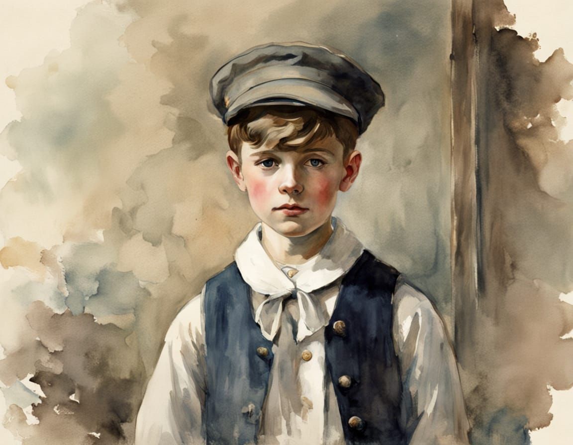 Melancholic Watercolor Portrait of Young Sailor