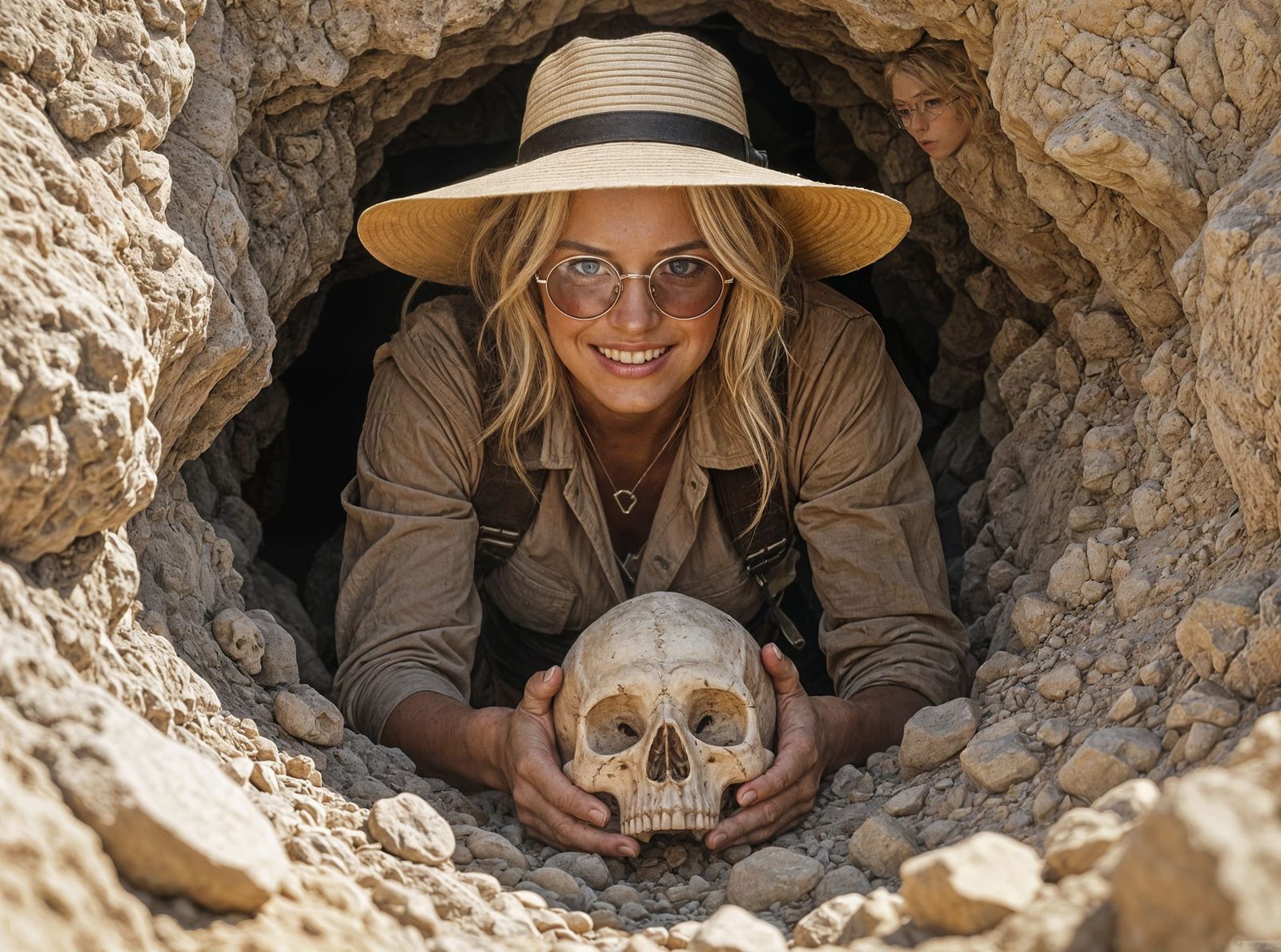 Archaeologist with Skull in Cinematic Film Still