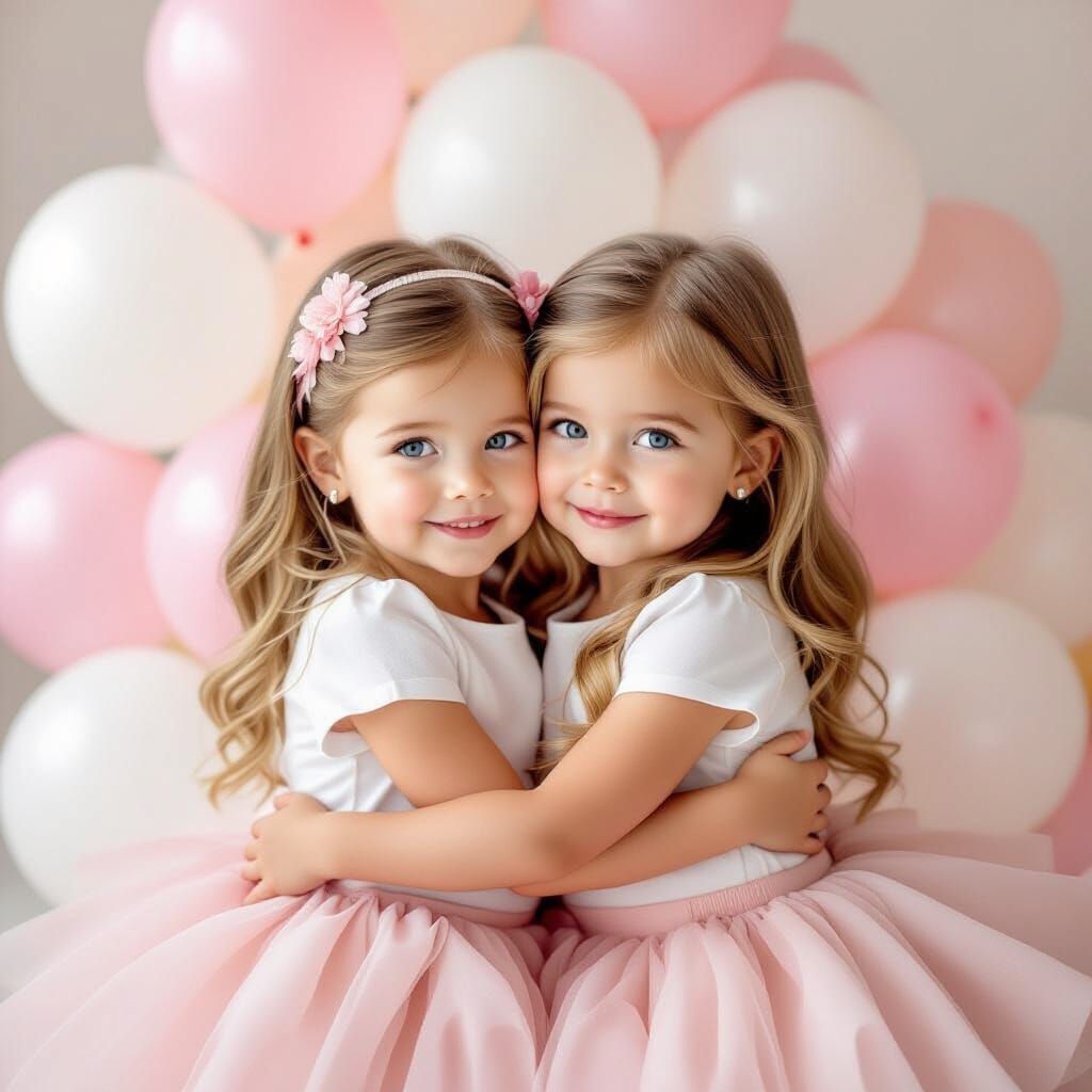 Identical Twin Girls Hugging Amidst Balloons