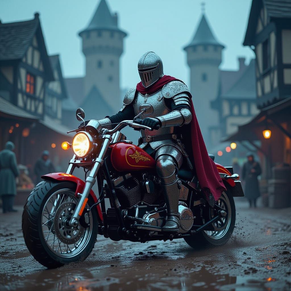 Knight on Cyberpunk Motorcycle in Medieval Market